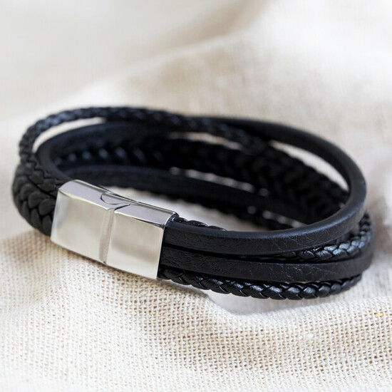 Men's Layered Leather Straps Bracelet in Black - Medium