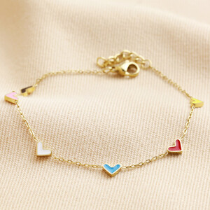 Rainbow Enamel Tiny Heart Charm Bracelet in Gold