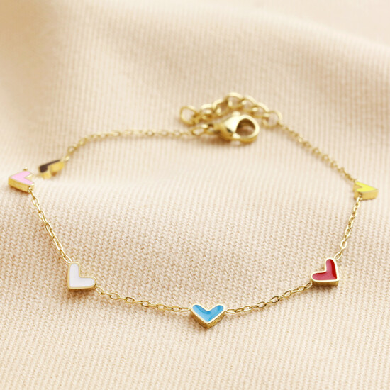 Gold Stainless Steel Rainbow Enamel Tiny Heart Charm Bracelet