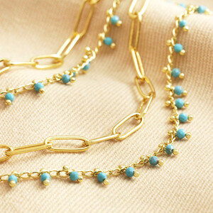 Teal Stone Droplet and Cable Chain Layered Necklace in Gold