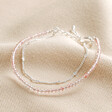 Double Layer Pink Stone Beaded Bracelet in Silver on Beige Fabric