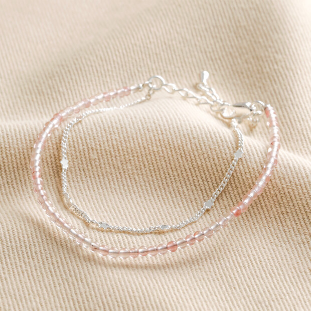 Rose Quartz Double Layer Stone Beaded Bracelet in Silver Rose Quartz Double Layer Stone Beaded Bracelet in Silver