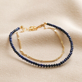Blue Double Layer Stone Beaded Bracelet in Gold