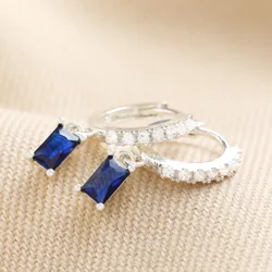 Blue Stone and Crystal Charm Huggie Hoop Earrings in Silver