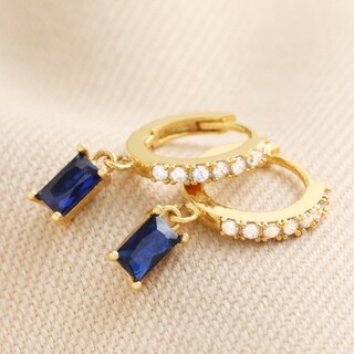Blue Stone and Crystal Charm Huggie Hoop Earrings in Gold