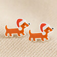 Sterling Silver Christmas Sausage Dog Stud Earrings on Beige Fabric