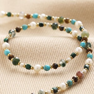 Stainless Steel Semi-Precious Stone Bead Necklace in Green and Blue