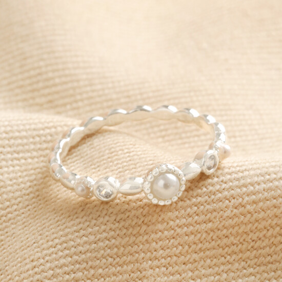 Dainty Pearl and Crystal Ring in Silver - S/M
