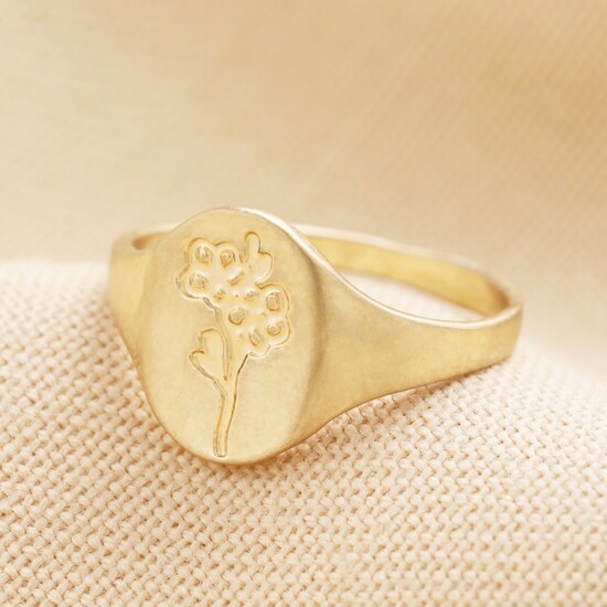 Debossed Forget Me Not Signet Ring in Antique Gold L/XL