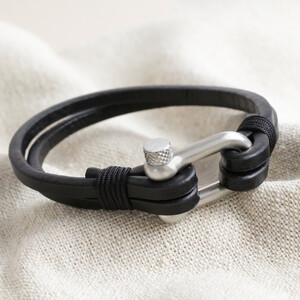 Double Leather Strap and Screw Clasp Bracelet - Black S/M