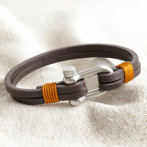 Double Leather Strap and Screw Clasp Bracelet - Brown S/M