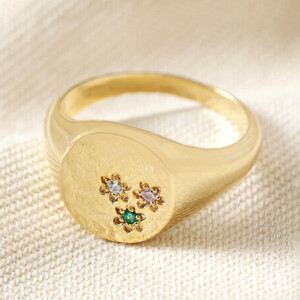 Multicoloured Crystal Daisy Signet Ring in Gold  L/XL 