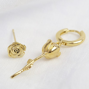 Rose Stem Dangle and Rose Stud Mismatch Earrings in Gold Plate