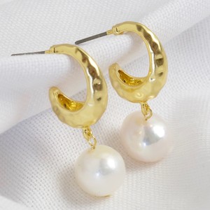Gold organic shape hoops with fresh water pearl drop