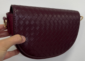 Woven Vegan Leather Half Moon Crossbody Bag in Burgundy